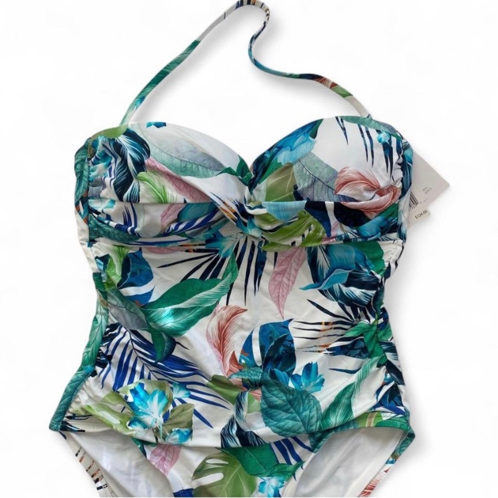 La Blanca Tropical Leaf Print One-Piece Swimsuit in White, Green, Blue